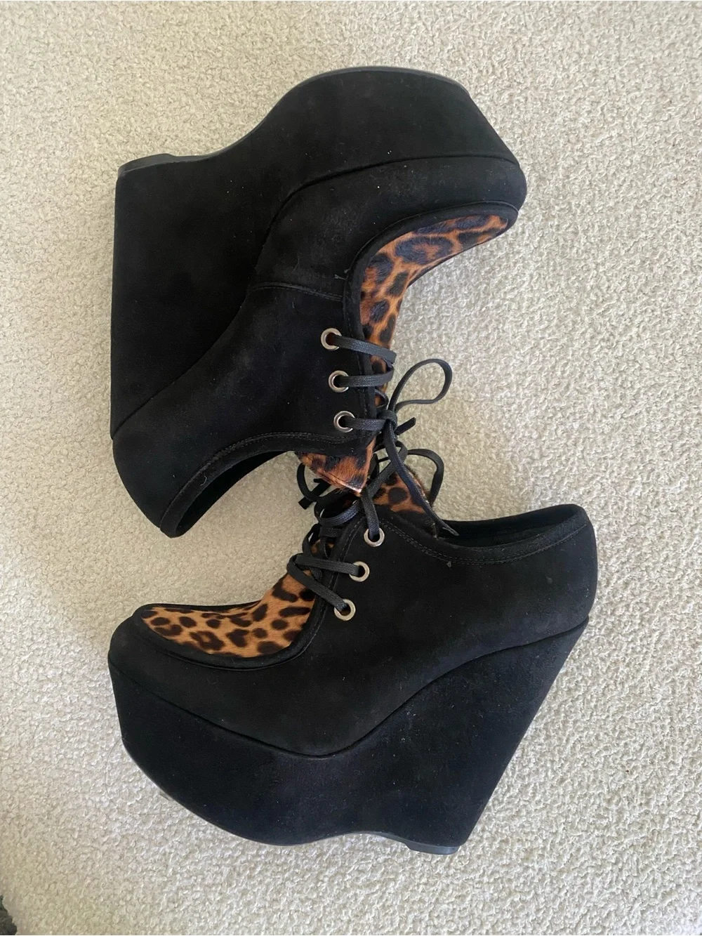Stuart Weitzman Black Suede Platform Wedges with Leopard Accent